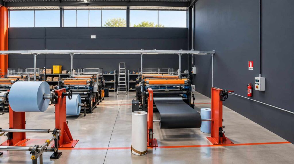 Linee di lavorazione della carta con bobine nere e azzurre nel reparto produttivo RedsPaper
