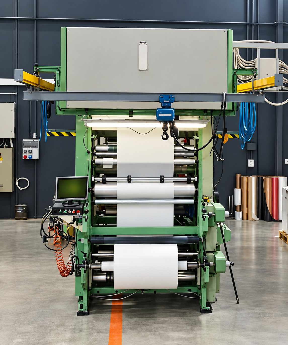 Linee di lavorazione della carta con bobine nere e azzurre nel reparto produttivo RedsPaper