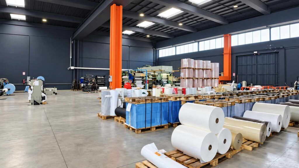 Interno del reparto produttivo RedsPaper con bobine di carta su pallet e macchinari