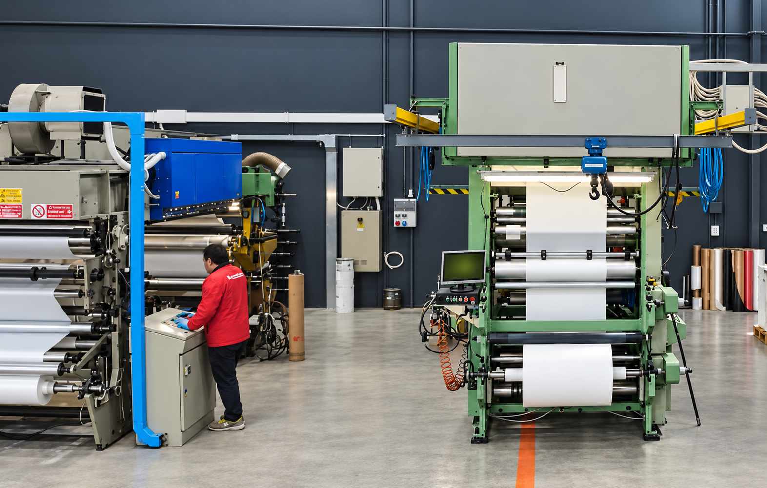 Linee di lavorazione della carta con bobine nere e azzurre nel reparto produttivo RedsPaper